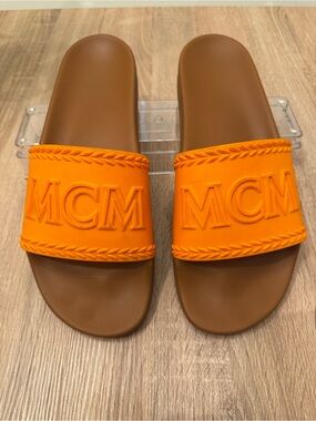 MCM Men’s Orange & Cognac Logo Slide Sandals – Size 46 / US 12.5